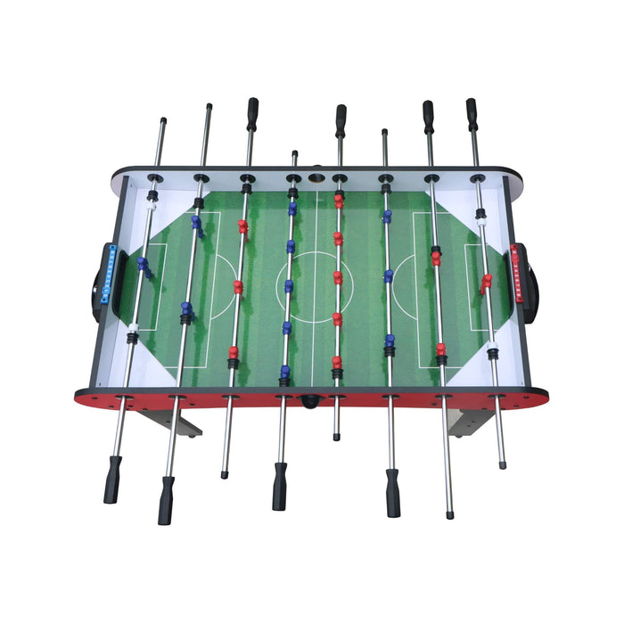 Foosball table with green playing surface and red and white border on a white background