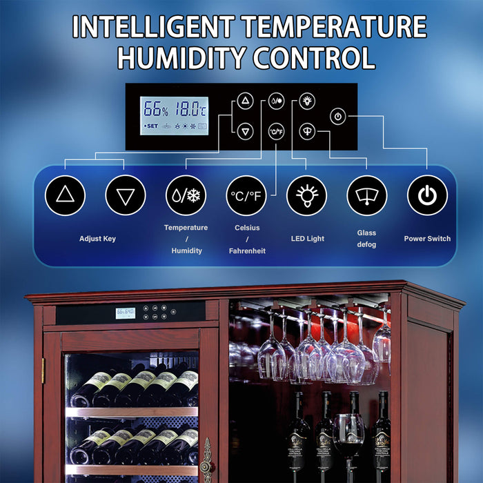 Wine cooler with digital control panel displaying temperature and humidity controls on a blue background.