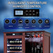 Wine cooler with digital control panel displaying temperature and humidity controls on a blue background.