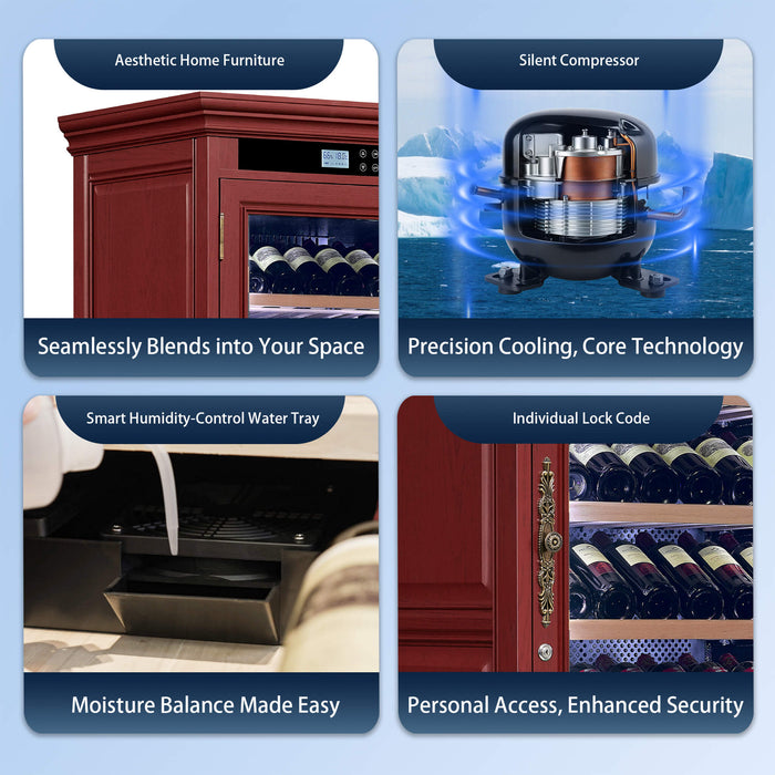 Wine cellar features with text on aesthetic home furniture, compressor, water tray, and lock code.