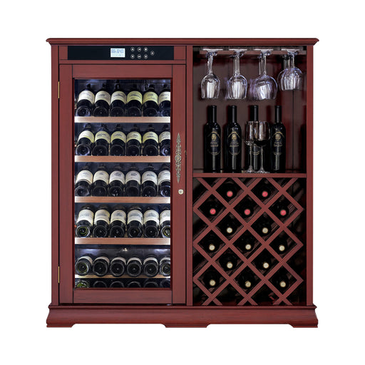 Wine cabinet with wine bottles and glasses on a white background