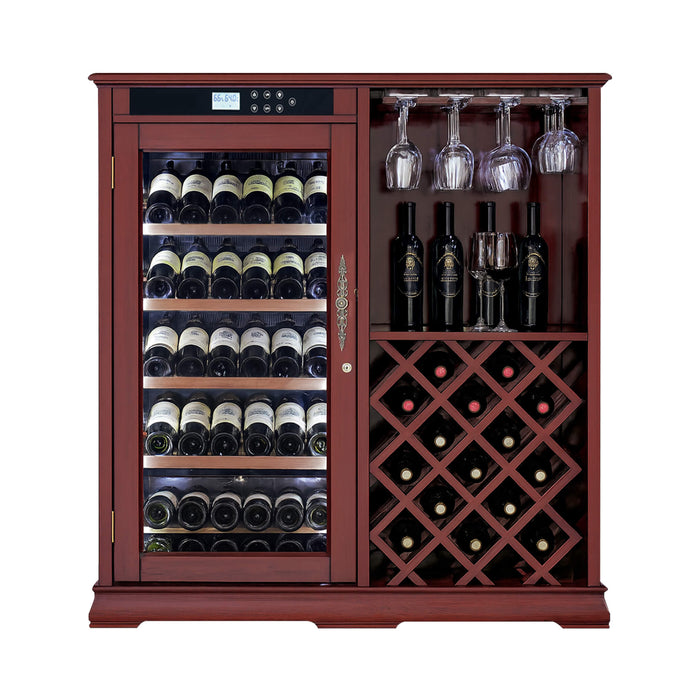 Wine cabinet with wine bottles and glasses on a white background