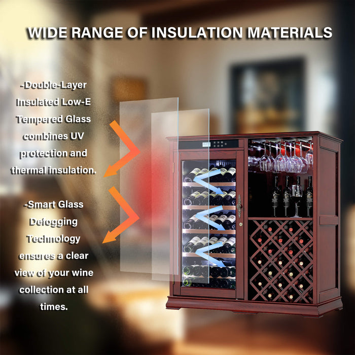 Wine cabinet with insulation materials features and text overlay
