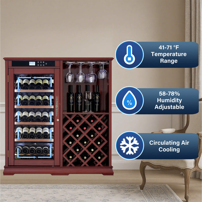 Wine cabinet with wine bottles, glasses, and features displayed on a beige wall.