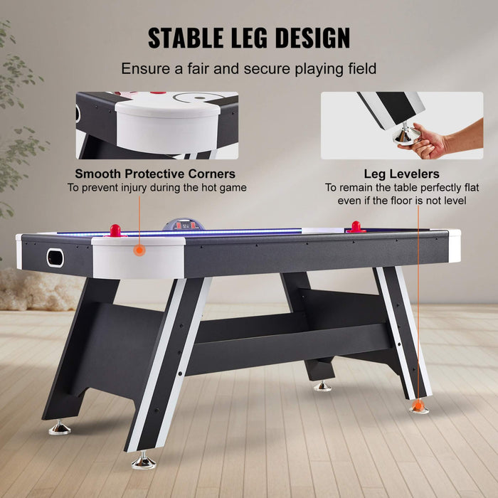 Air hockey table with features highlighted on a neutral background