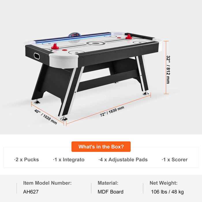Air hockey table with dimensions and product details on a white background