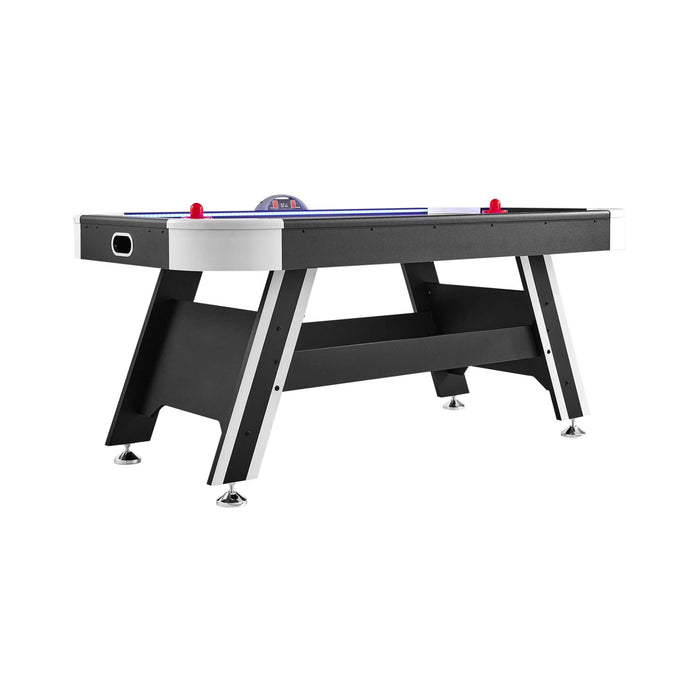 Air hockey table with red and blue pucks on a white background