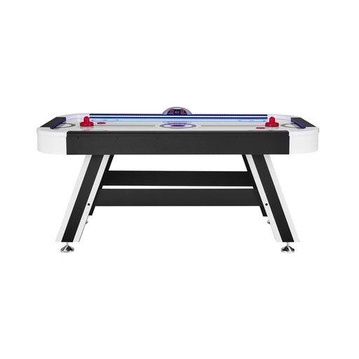 Air hockey table with red and blue pucks on a white background
