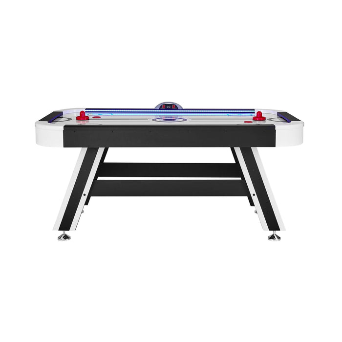 Air hockey table with red and blue pucks on a white background