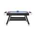 Air hockey table with red and blue pucks on a white background
