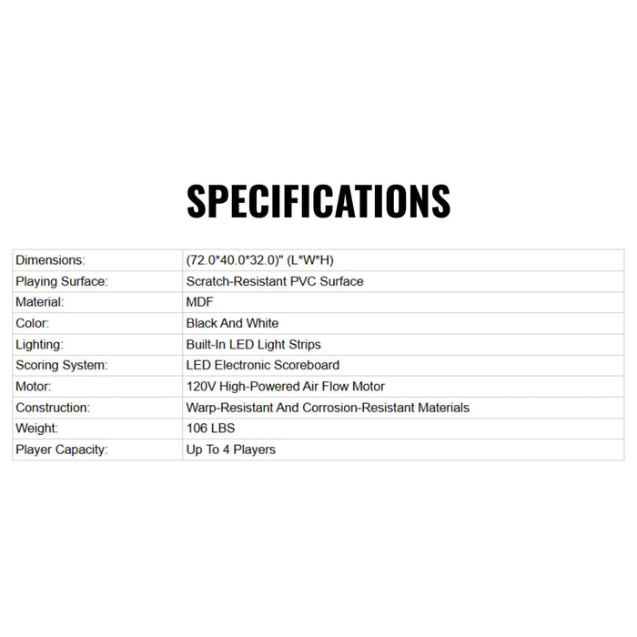 Specifications table for a product on a white background