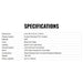Specifications table for a product on a white background
