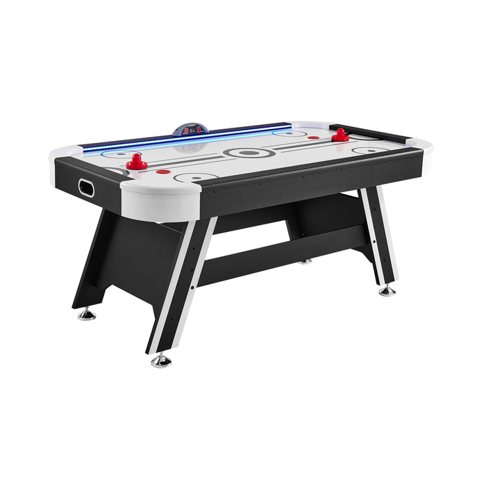 Air hockey table with red goals on a white background