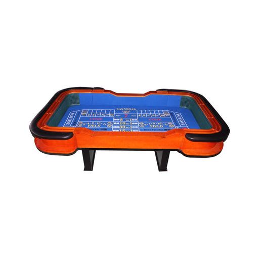 Casino table with blue playing surface and orange border on a white background