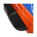 Close-up of a black and orange car bumper with a blue background