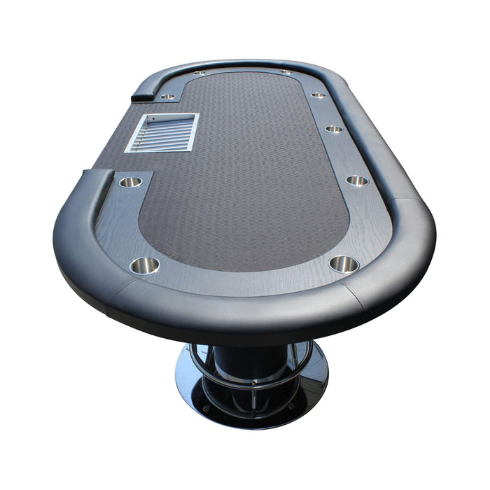 Poker table with textured surface and metal legs on a white background