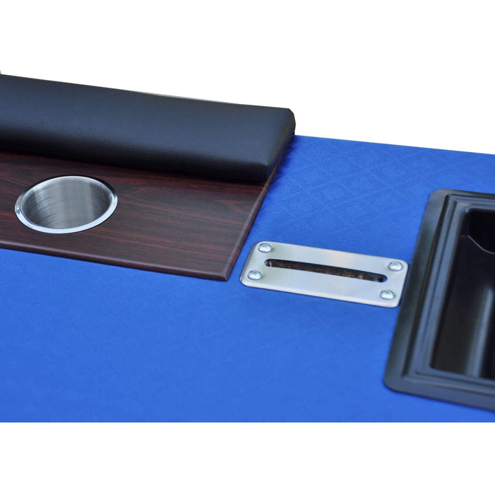 Wooden and metal cup holders on a blue surface