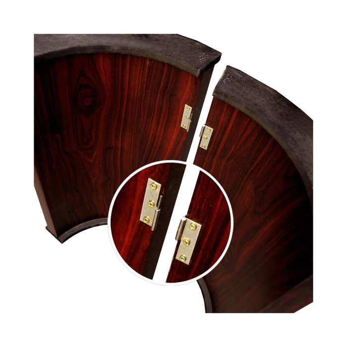 Wooden circular object with a split design, showing gold hinges.