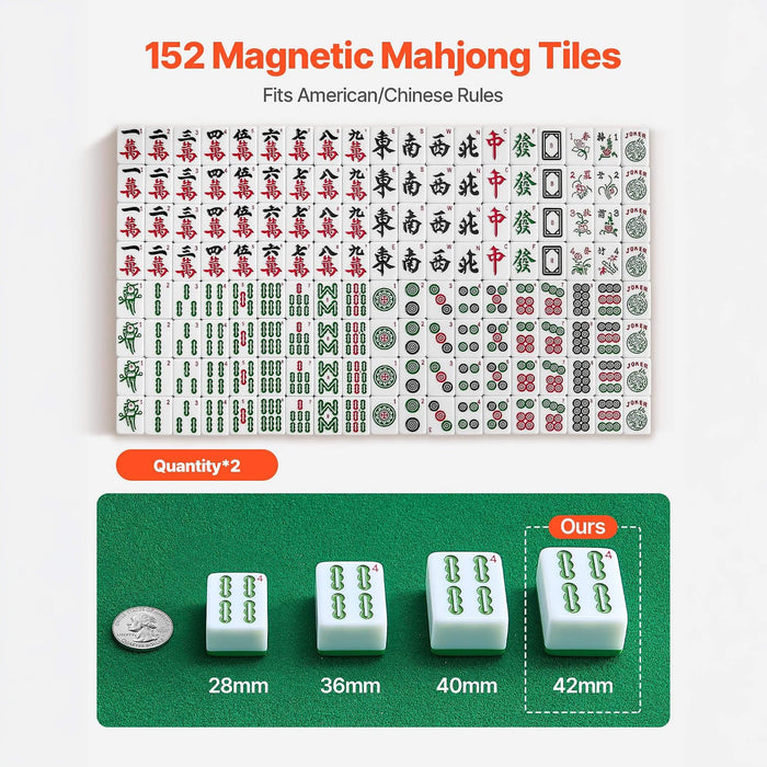 152 Magnetic Mahjong Tiles with packaging showing tile sizes and a coin for scale.