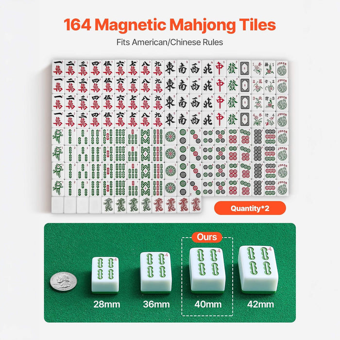 164 Magnetic Mahjong Tiles with packaging and dimensions displayed on a white background