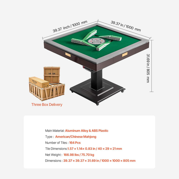 Mahjong table with dimensions and product details on a white background