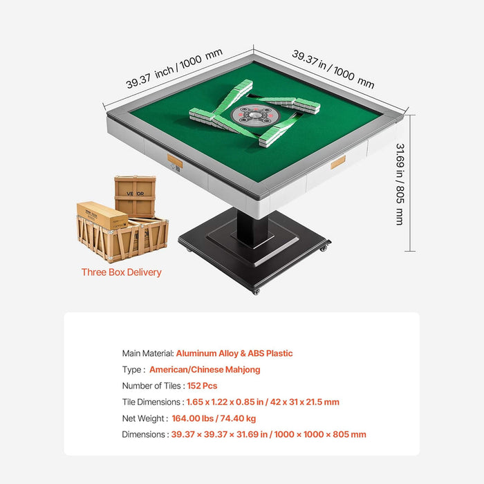 Dimensions and features of a mahjong table with tiles and packaging.