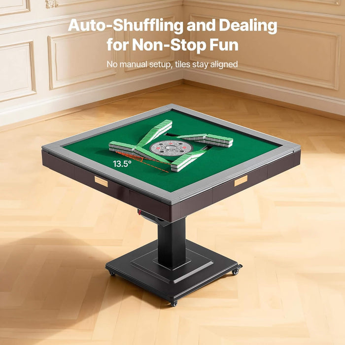 Automated麻将 table with auto-shuffling and dealing feature on a wooden floor.