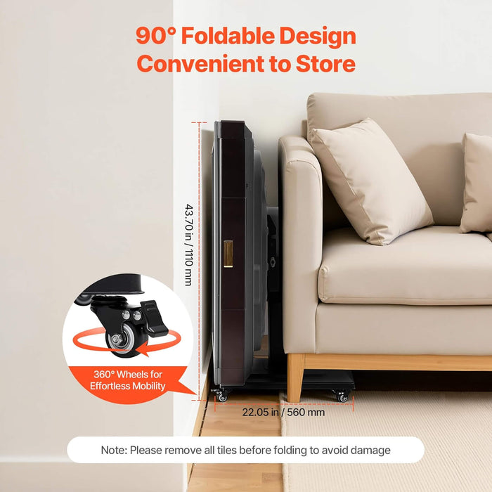 Foldable design of a piece of furniture next to a sofa with text highlighting features.