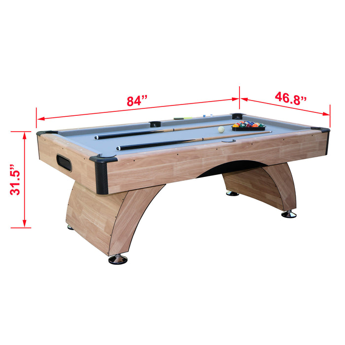 Pool table with dimensions labeled on a white background