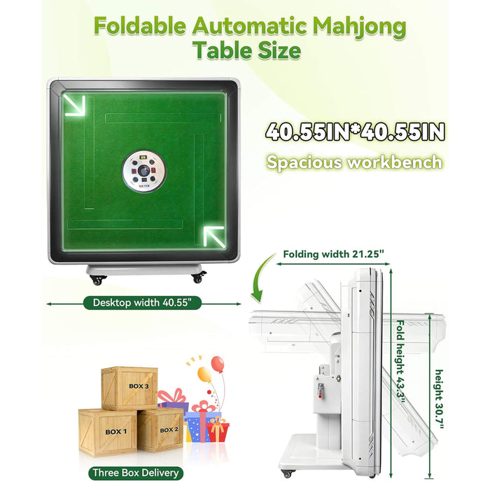 Foldable automatic mahjong table with green playing surface and dimensions displayed.