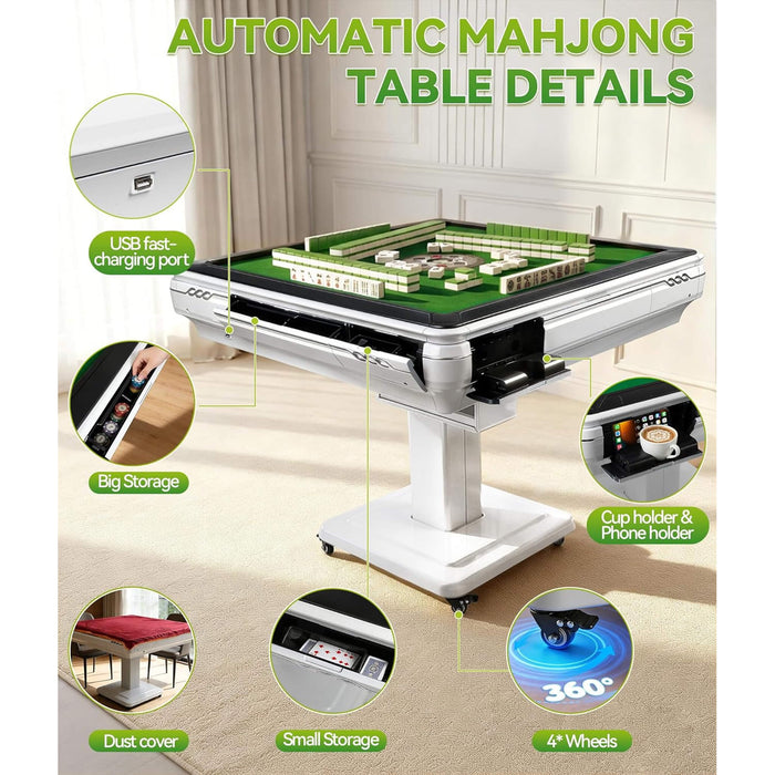 Automatic Mahjong table with features highlighted on a white background