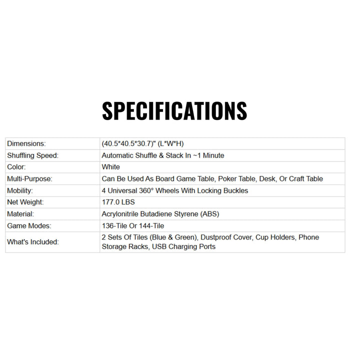 Specifications table for a product on a white background