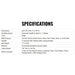 Specifications table for a product on a white background