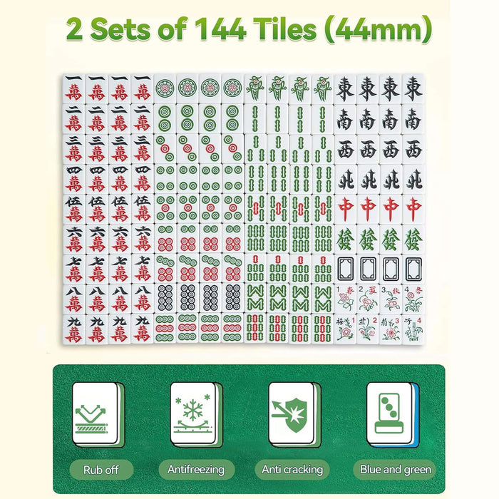 Set of 276 Mahjong tiles with green border and product features.
