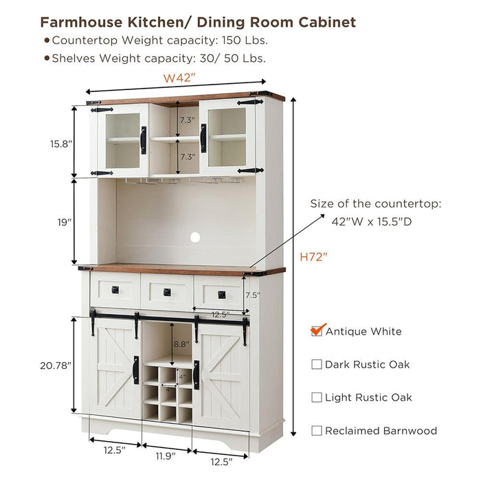 Farmhouse kitchen/dining room cabinet with dimensions and color options on a white background