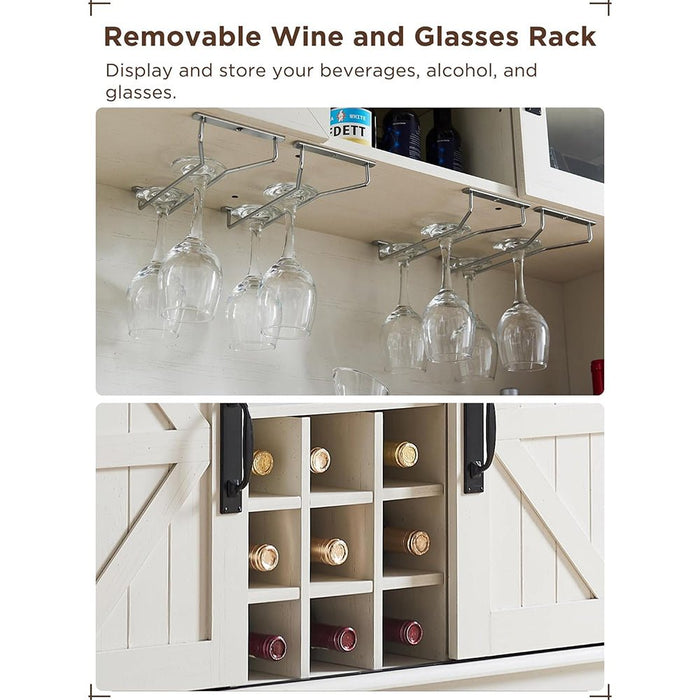 Removable wine and glasses rack with hanging wine glasses and wine bottles inside a cabinet.