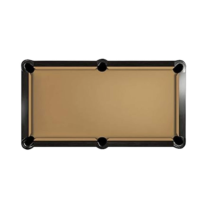 Pool table with brown felt surface and black frame on a white background