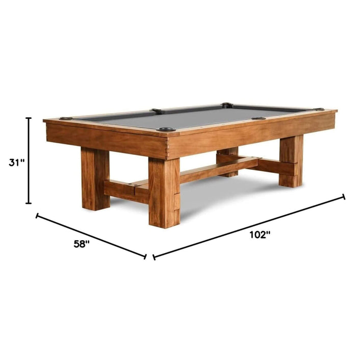 Wooden pool table with dimensions on a white background