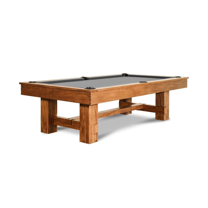 Wooden pool table with a gray felt surface on a white background