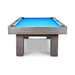 Pool table with blue felt surface on a white background