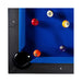 Pool table with balls on a blue felt surface