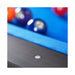 Close-up of pool balls on a blue felt pool table.