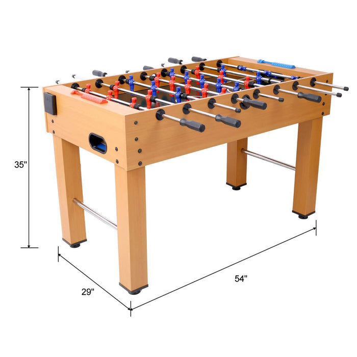 Foosball table with dimensions labeled on a white background