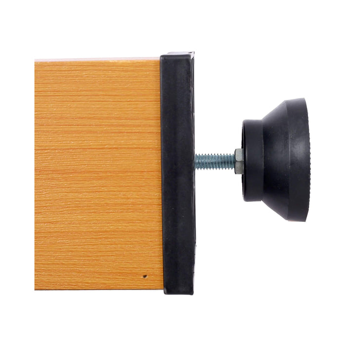 Wooden block with a black rubber bumper and metal screw on a white background