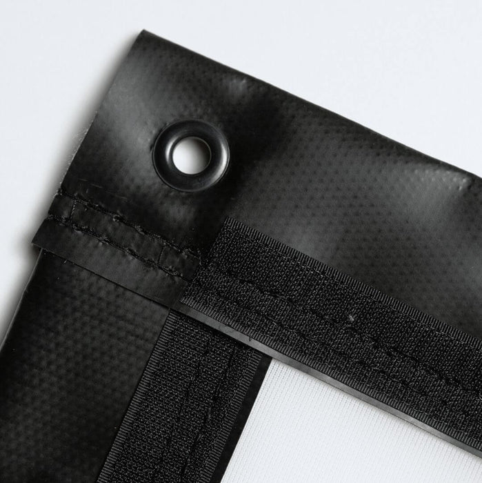 Close-up of a black fabric with a grommet on a white background