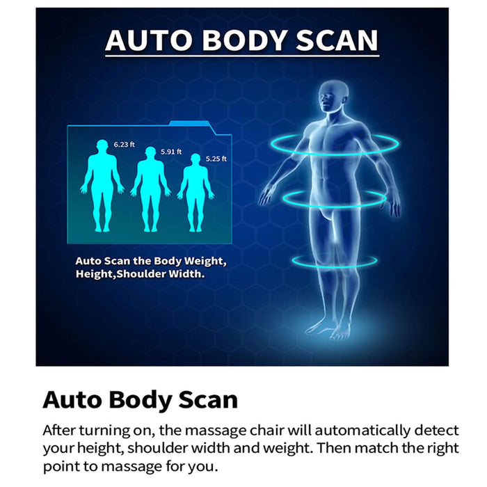 Advertisement for an auto body scan feature on a massage chair with a blue x-ray-like illustration of a person.