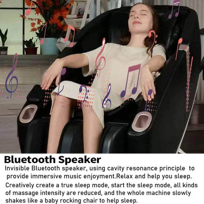 Person relaxing in a massage chair with Bluetooth speaker feature, surrounded by decorative elements.