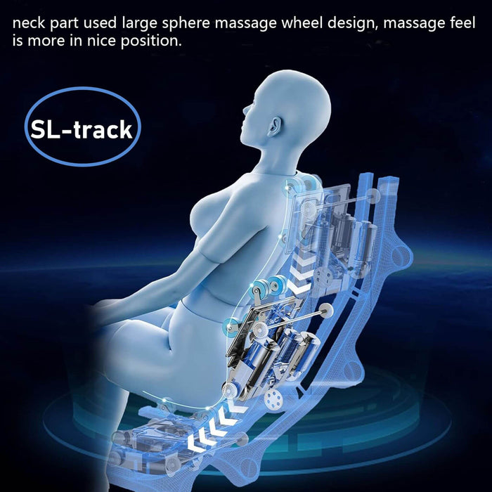 Transparent massage chair with mechanical parts on a dark background, featuring the brand 'SL-track'.