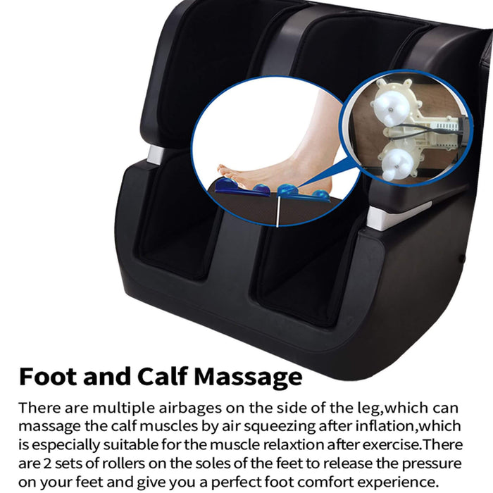 Black foot and calf massage device with airbags and rollers, showing a close-up of the mechanism.