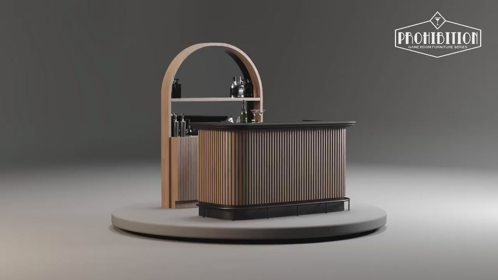 Video of wooden bar with back bar cabinet on rotating base